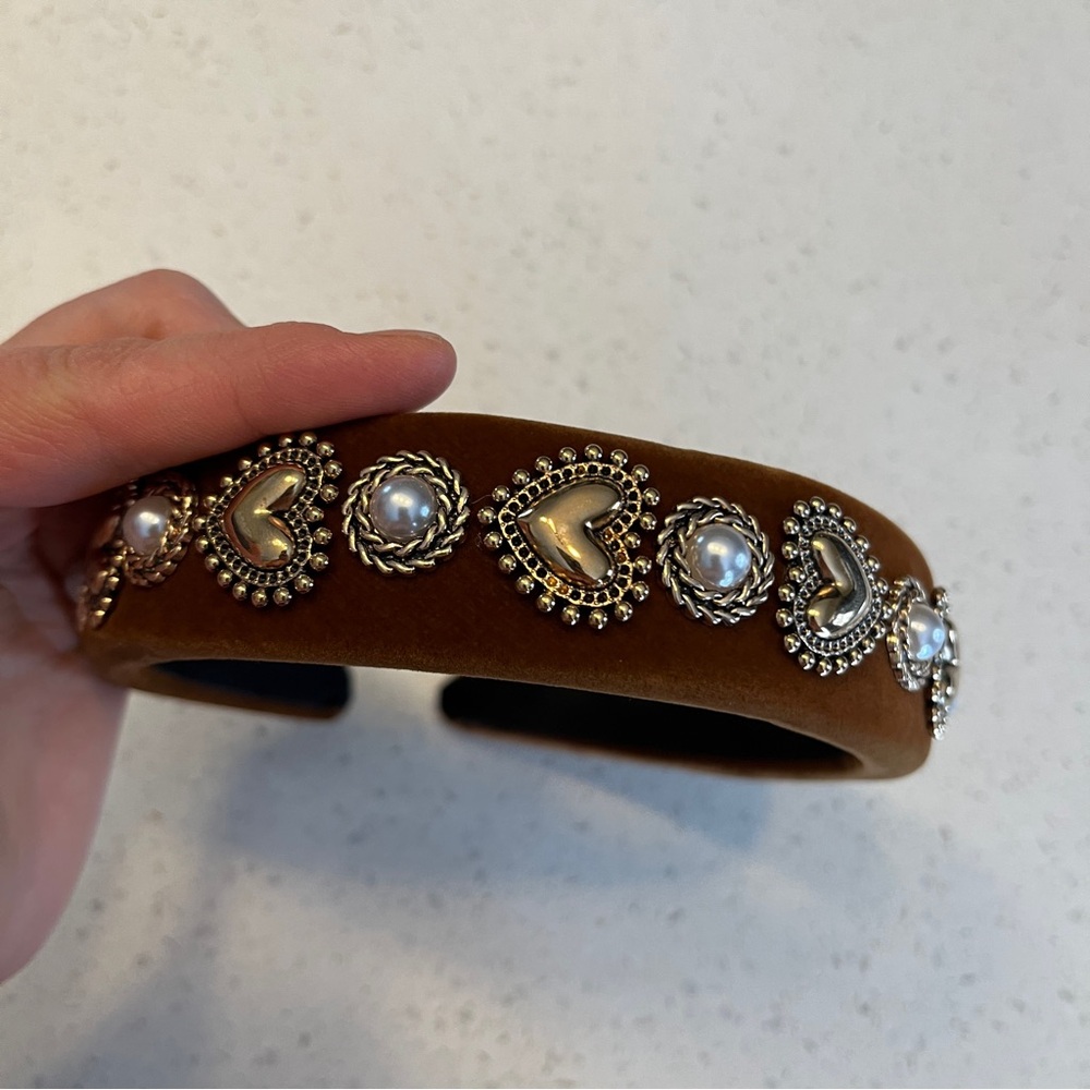 Elegant Brown velvet Headband with heart shaped Gold Accents - Picture 5 of 11